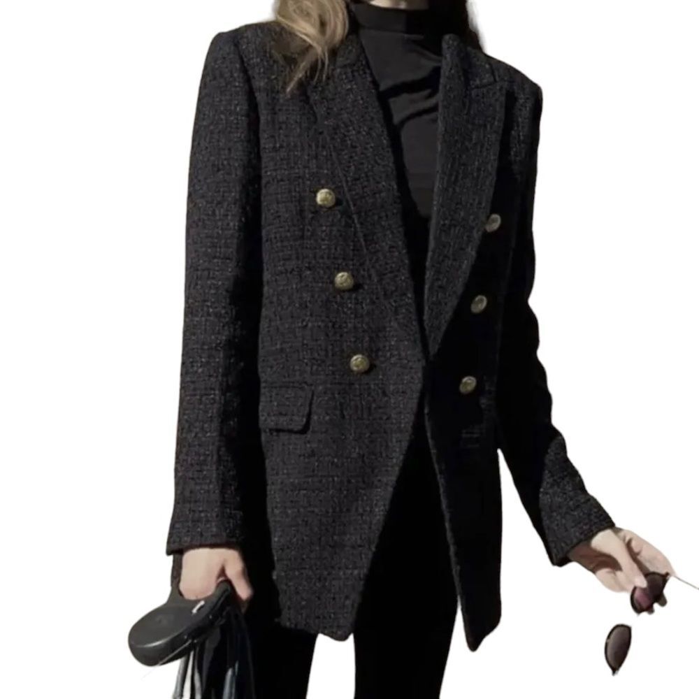 ZARA Double Breasted Textured Blazer Jacket With Shoulder Pads Black
